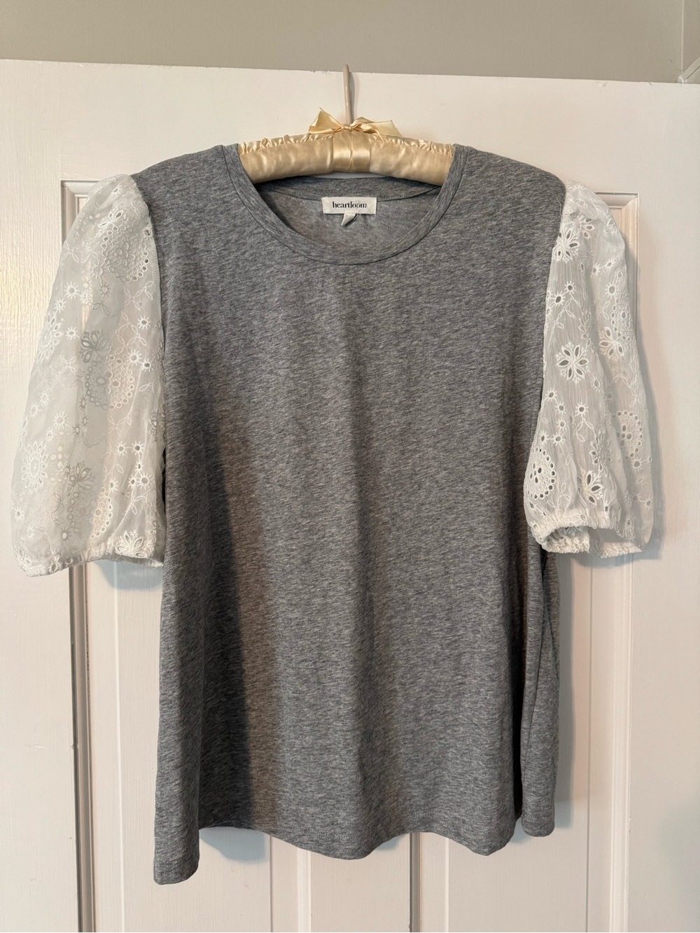 Hearth & Hand Gray Tee with White Eyelet Puff Sleeves